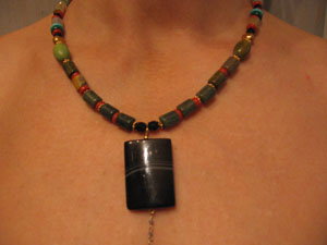 5. Onyx drop with Jasper, Coral, Turquoise necklace on Gold wire